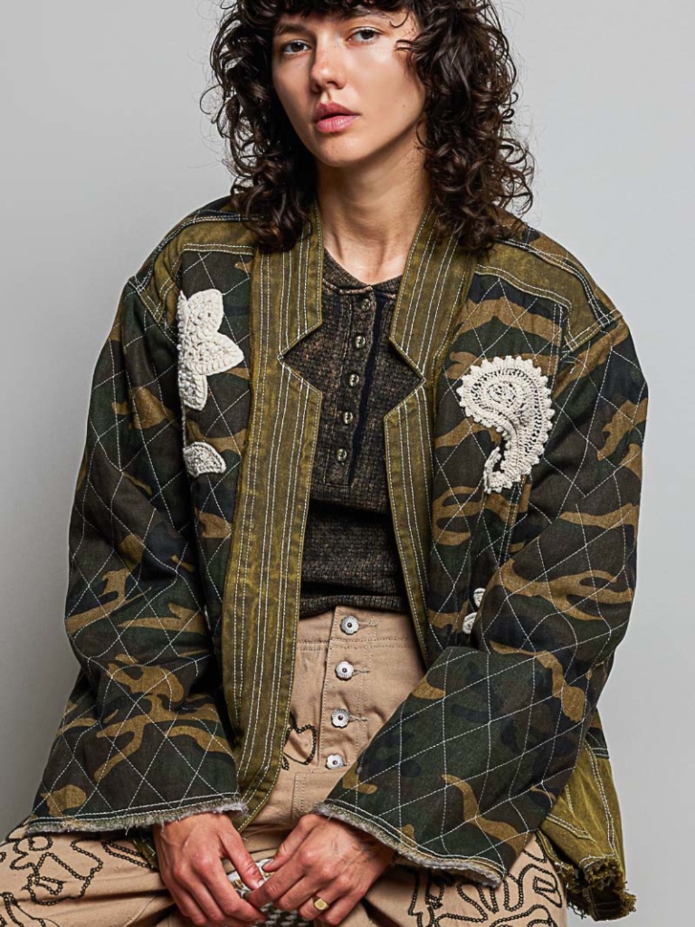 POL Camo Print Reverse Stitch Floral Paisley Patch Detail Cotton Jacket